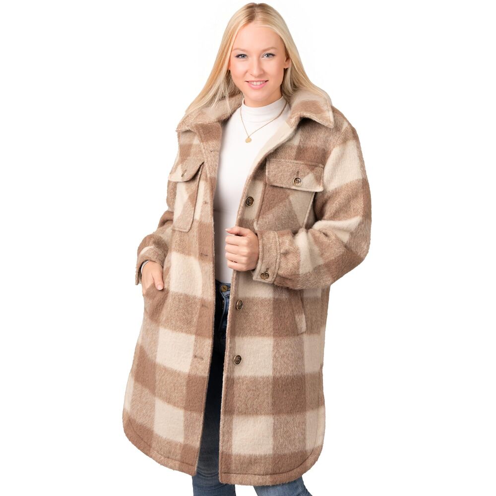 Vince Camuto Removable Fleece Collar Shacket, Dusty Camel Plaid), Size XXS
